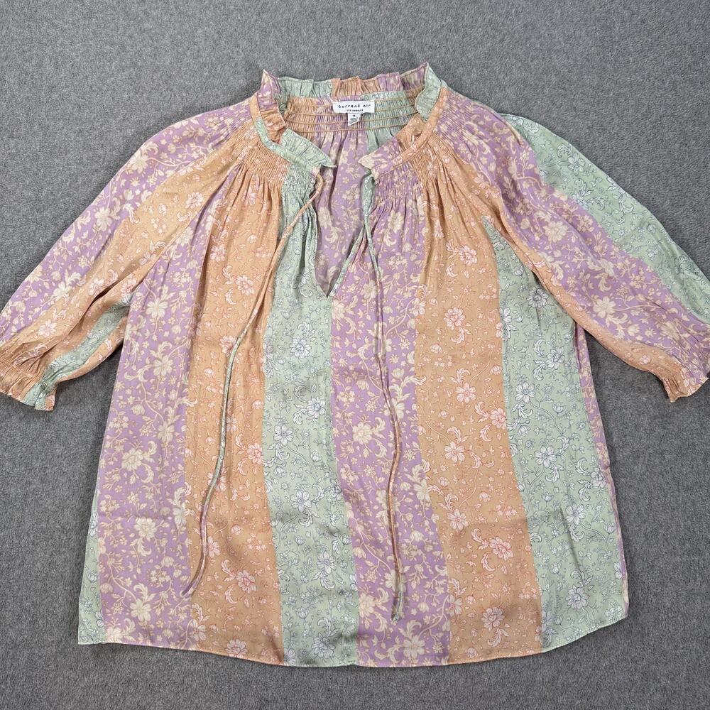 Current Air Los Angeles Size Small Mixed Print Stripe Blouse Satin Ruffle Collar